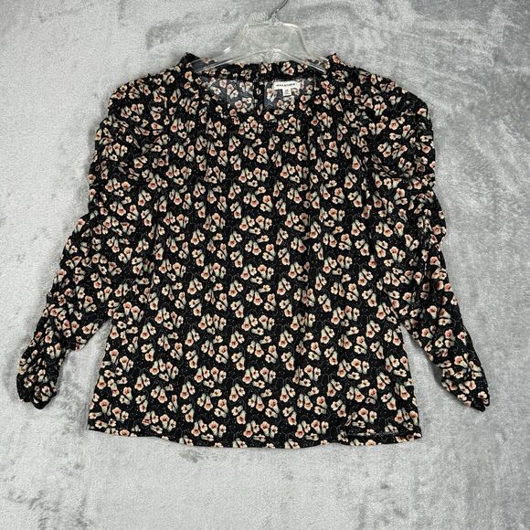 Max Studio Shirt Womens XS Black Cream Floral Flower Blouse Bohemian Peasant - Picture 2 of 10